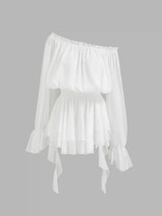 Off-shoulder Lantern Sleeve Asymmetrical Ruffle Hem Mini Dress