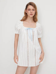 Cotton-blend U-neckline Bowknot Lettuce Trim Puff Sleeve Mini Nightdress