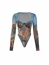 Mesh Square Neck Graphic Corset Bowknot See-through Bodysuit