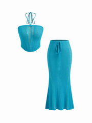 Knitted Halter Neckline Beaded Bandeau Top & Mid Rise Mermaid Maxi Skirt Set