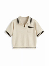 Knit Collar Stripe Short Sleeve Top Curve & Plus