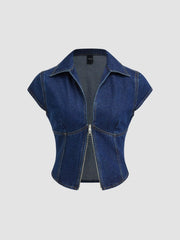Denim Polo Neck Zip Through Blouse