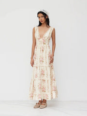 V-neck Lace Trim Floral Lace Up Layered Maxi Dress
