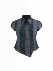 Cotton-blend Asymmetrical Button Two Tone Patched Shirt Curve & Plus