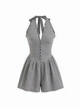 Gingham Halter Neckline Shirred Romper