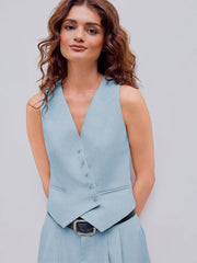 Linen-blend V-neck Solid Button Jacket Vest