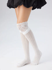 JACQUARD & LACE TRIM OVER THE KNEE SOCKS