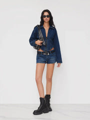 Denim Collar Solid Corset Zipper Jacket