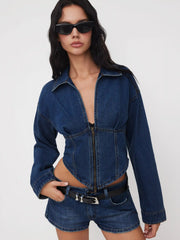Denim Collar Solid Corset Zipper Jacket