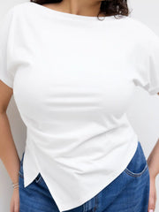 Cotton-blend Boat Neck Ruched Asymmetrical Hem Tee Curve & Plus