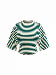 Cotton-blend Stripe Round Neckline Mid-length Sleeve Cinched Waist Tee