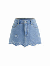 Denim Low Rise Floral Embroidery Raw Hem Mini Skirt