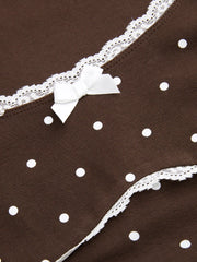 Cotton-blend Polka Dot Lace Bowknot Top & Mid Rise Lettuce Trim Straight Leg Trousers Loungewear Set
