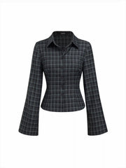 Collar Check Bell Sleeve Shirt