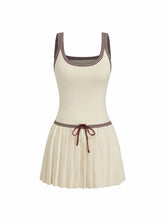 Knit U-neckline Contrasting Binding Stripe Drawstring Pleated Mini Dress