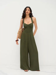 Linen-blend Square Neck Criss Cross Pleated Jumpsuit