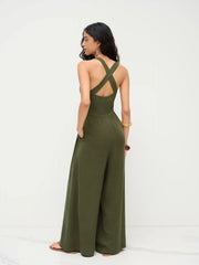 Linen-blend Square Neck Criss Cross Pleated Jumpsuit