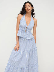 Cotton-blend Halter Neckline Stripe Tie Front Shirred Top & Mid Rise Elastic Waist Ruffle Maxi Skirt Set