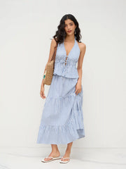 Cotton-blend Halter Neckline Stripe Tie Front Shirred Top & Mid Rise Elastic Waist Ruffle Maxi Skirt Set