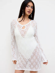 Knit Round Neckline Cut Out Crochet Cover Up Dress