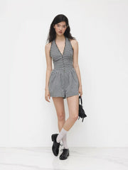 Gingham Halter Neckline Shirred Romper