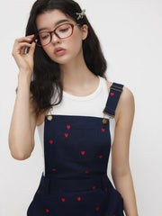 Cotton-blend Square Neck Heart Embroidery Buckle Micro Romper