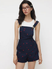 Cotton-blend Square Neck Heart Embroidery Buckle Micro Romper