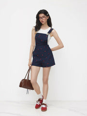 Cotton-blend Square Neck Heart Embroidery Buckle Micro Romper