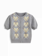 Knit Argyle Heart Pattern Button Short Sleeve Cardigan