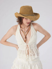 GEMSTONE DECOR LACE-UP STRAW HAT