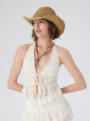 GEMSTONE DECOR LACE-UP STRAW HAT