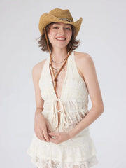 GEMSTONE DECOR LACE-UP STRAW HAT