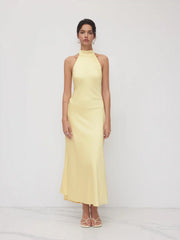 Satin Halter Neckline Backless Maxi Dress