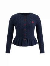 Cable Knit Cherry Embroidery Long Sleeve Ruffle Hem Top Curve & Plus