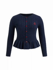 Cable Knit Cherry Embroidery Long Sleeve Ruffle Hem Top Curve & Plus
