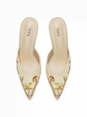 FLOWER EMBROIDERED POINTED TOE HEELS