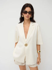 Linen-blend Collar Metal Button Oversized Blazer