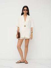 Linen-blend Collar Metal Button Oversized Blazer