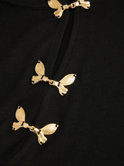 Mandarin Collar Metal Detail Cut Out Ruched Split Top