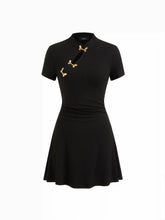 Mandarin Collar Short Sleeve Metal Detail Cut Out Ruched Mini Dress