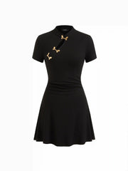 Mandarin Collar Short Sleeve Metal Detail Cut Out Ruched Mini Dress