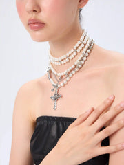 ENGRAVED CROSS & FAUX PEARL LAYERED NECKLACE
