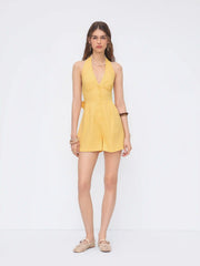 Linen-blend V-neck Button Bowknot Backless Romper