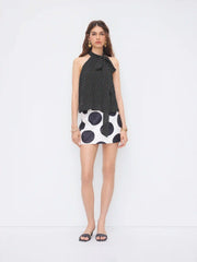 Chiffon Halter Neckline Polka Dot Knotted Oversized Blouse