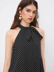 Chiffon Halter Neckline Polka Dot Knotted Oversized Blouse
