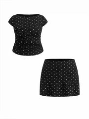 Cotton-blend Boat Neck Polka Dot Ruched Tee & Mini Skirt Curve & Plus