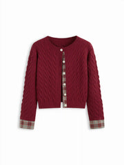 Cable Knit Round Neckline Patched Tartan Button Cardigan Curve & Plus