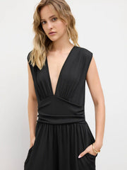 V-neck Ruched Solid Wide Leg Jumpsuit