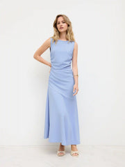 Boat Neck Solid Ruffle Ruched Maxi Dress