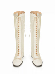 LACE-UP MESH CHUNKY HEELED KNEE HIGH BOOTS
